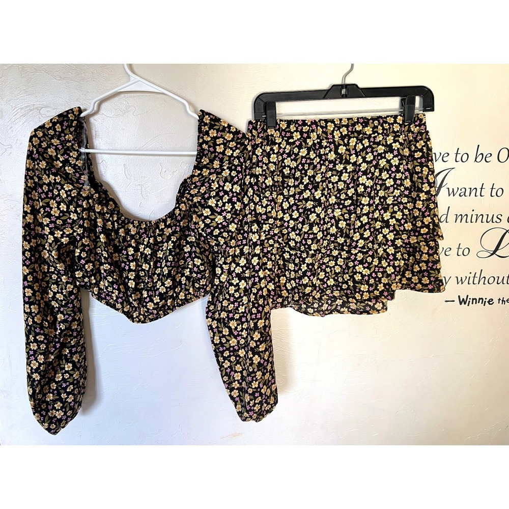 Le Lis Floral Puff Sleeve Crop Top Tiered Mini Skirt Set Cottagecore Boho Co-ord - Picture 3 of 7